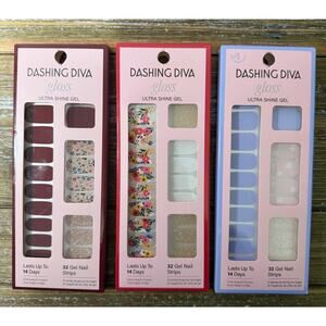 Dashing Diva Gloss Ultra Shine Gel Nail Strips Lot of 3 Variety Flowers Sparkles